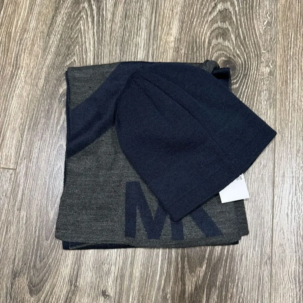Michael Kors mens reversible logo knit winter scarf & Beanie Hat Set
